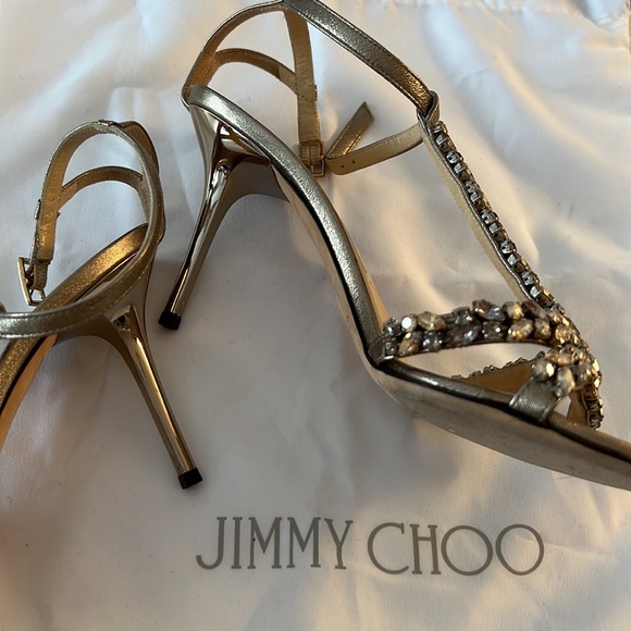 Jimmy Choo High Metal Heels with Crystals Cocktail Sandals Evening Shoes 37.5 - Picture 7 of 11